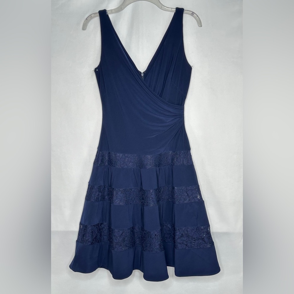 Lauren Ralph Lauren Cocktail Dress Navy Lace Ponte‎ Faux Wrap Ruched Sz 4